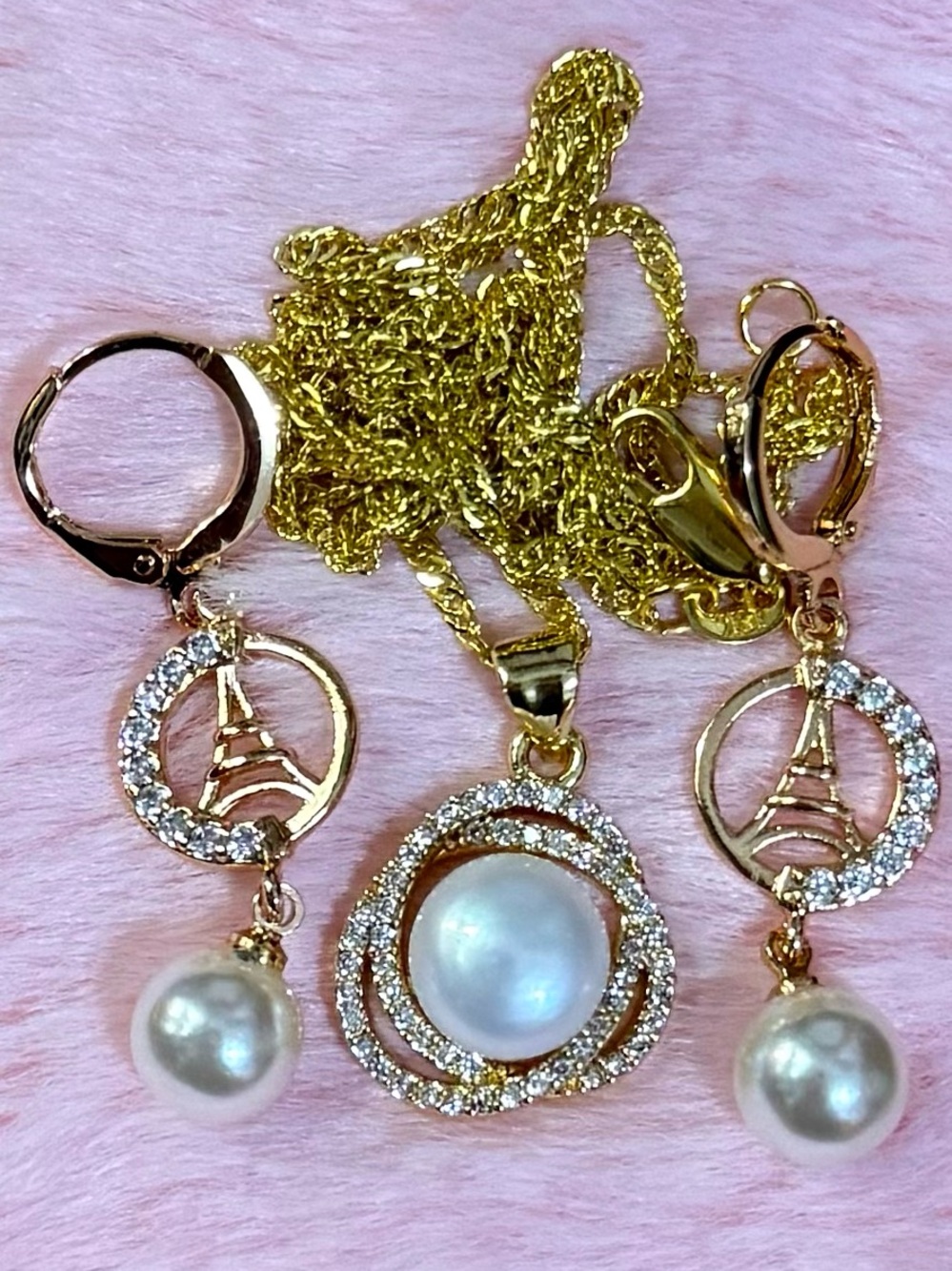 Natural White South Sea Pearl Pendant Necklace 22”, 18K Gold Filled Earrings